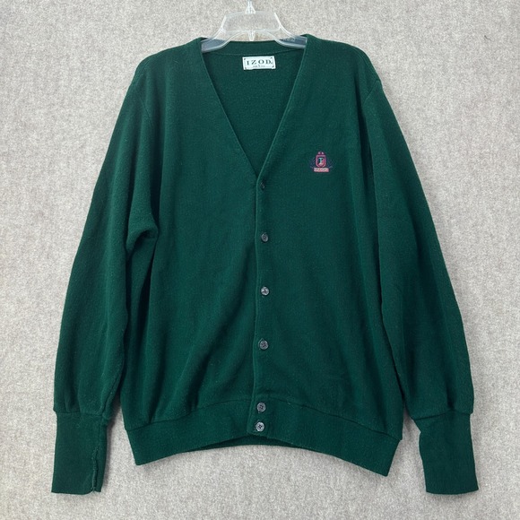 Vintage Izod Cardigan Sweater Large Hunter Green V Neck Grandpa Academia - Picture 1 of 8